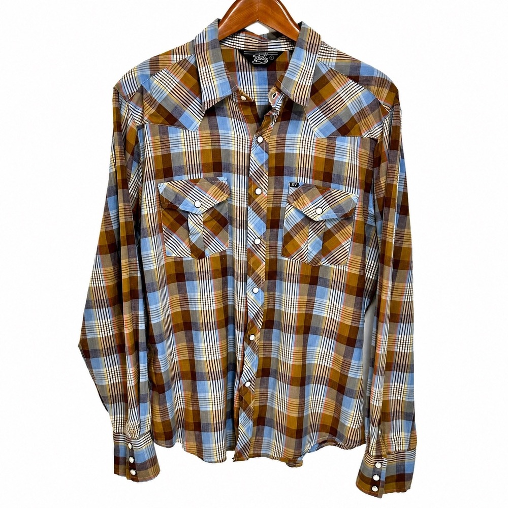 Salt Valley Western Mens Brown Blue Plaid Snap Front Shirt Large Cotton Yoke